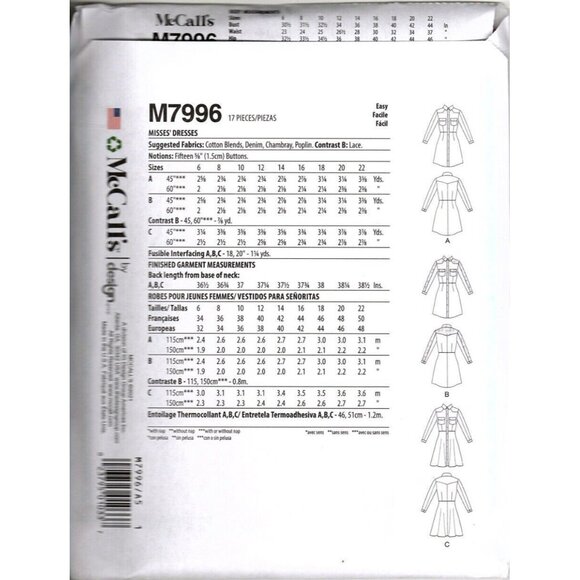 McCalls M7996 Misses 14 to 22 Button Front Shirt Dress Uncut Sewing Pattern - Picture 2 of 2